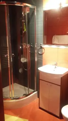 a bathroom with a shower and a sink at Zajazd pod Chmurką in Rabka