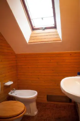 a bathroom with a toilet and a sink with a skylight at KrakowHouse in Libertów