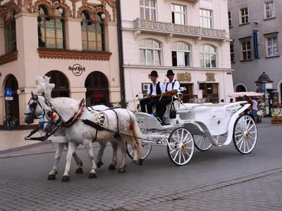 two men riding in a horse drawn carriage on a street at Royals Flower Apartments III in Kraków