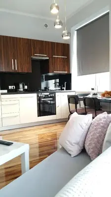 a living room with a couch and a kitchen at Royals Flower Apartments III in Kraków