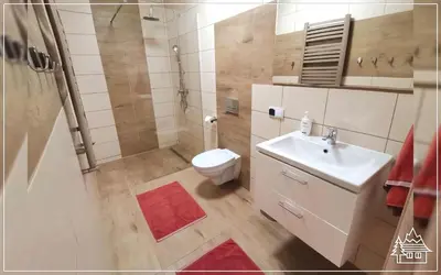 a bathroom with a toilet and a sink and a shower at Przystanek Rabka - Apartamenty w centrum in Rabka
