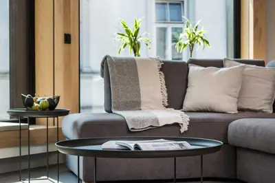 a living room with a couch and a table at Academia Apartments in Kraków