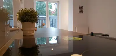 a table with a potted plant sitting on top of it at Modern Apartment close to the center by Krakow Home in Kraków