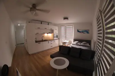 a living room with a couch and a kitchen at Apartments Olit Bajeczna in Kraków