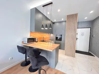 a living room with a couch and a kitchen at ApartmentPrestige Central Station in Kraków