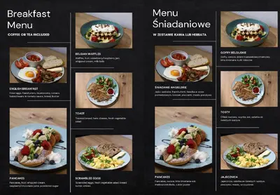 a menu for a breakfast menu with eggs and food at Moon Hostel Kraków in Kraków