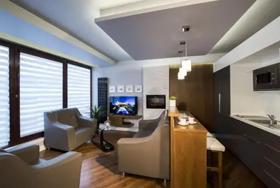 a living room with a couch and chairs and a television at Parkside Apartments Old Town in Kraków