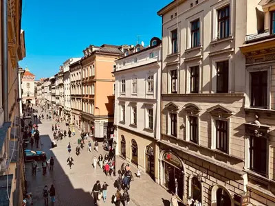 a group of people walking down a city street at lux Floriańska in Kraków