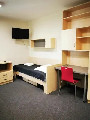 a bedroom with a bed and a desk and a bed petertodd at Dom Studencki Zaułek in Kraków