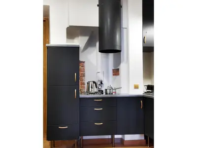 a kitchen with black cabinets and a black refrigerator at Pokoje Leonardo in Kraków