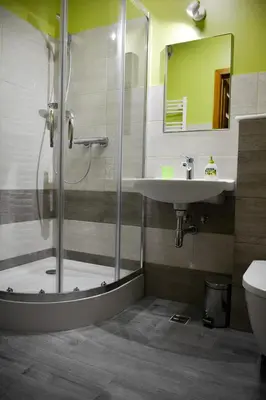 a bathroom with a shower and a sink and a toilet at Apartamenty Argo in Kraków