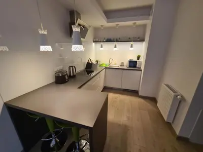a kitchen with a large island in a room at Wielicka Apartment in Kraków