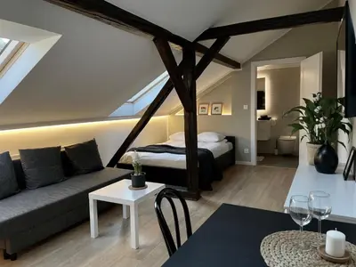 a living room with a bed and a couch at Apartamenty Delecta in Kraków