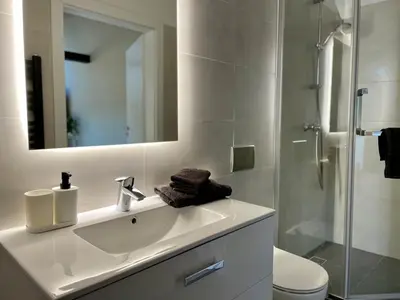 a bathroom with a sink and a shower with a mirror at Apartamenty Delecta in Kraków