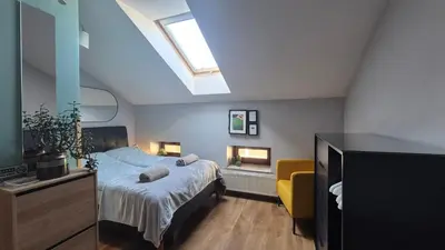 a bedroom with a bed and a skylight at Guesthouse Prusa 7 in Oświęcim