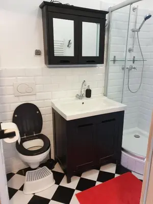a bathroom with a toilet and a sink and a shower at Guesthouse Prusa 7 in Oświęcim