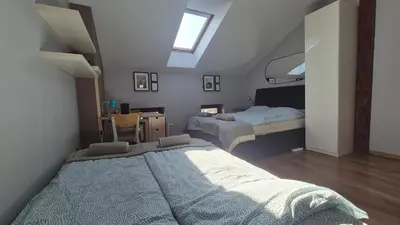 a bedroom with two beds and a skylight at Guesthouse Prusa 7 in Oświęcim