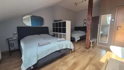 a bedroom with a large bed and a mirror at Guesthouse Prusa 7 in Oświęcim