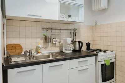 a kitchen with a sink and a stove at Charming apt Old Town & Jewish District, quiet neighborhood in Kraków
