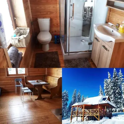 two pictures of a bathroom with a toilet and a sink at Domek w Górach Prywatna Sauna i Balia in Klikuszowa