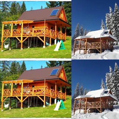 a house with a solar roof and a playground at Domek w Górach Prywatna Sauna i Balia in Klikuszowa