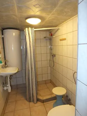 a bathroom with a shower and a toilet and a sink at EkoPens in Radziszów