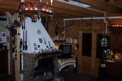 a living room with a fireplace in a house at EkoPens in Radziszów