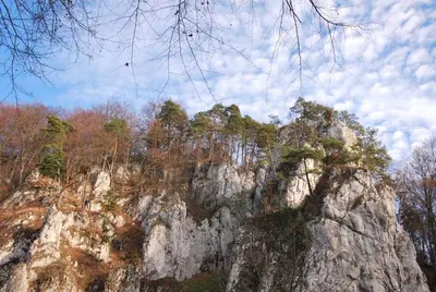 a rocky mountain with trees on top of it at Pokoje Gościnne u Grażyny in Ojców