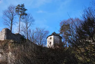 a building on the side of a hill with trees at Pokoje Gościnne u Grażyny in Ojców