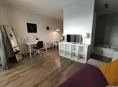 a living room with a television and a table with chairs at Dworska 1A - studio by Homeprime in Kraków