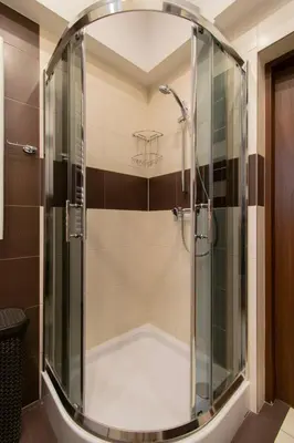 a shower with a glass door in a bathroom at Vintage Apartment Gertrudy street in Kraków