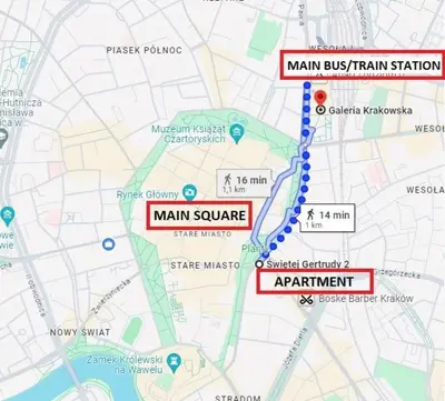 a map of the main square and main subway at Vintage Apartment Gertrudy street in Kraków