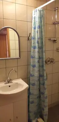 a bathroom with a sink and a shower curtain with fish at Zajazd na Podzamczu in Pieskowa Skała