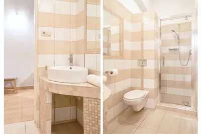 two pictures of a bathroom with a sink and a toilet at Spacious Apartments Zyblikiewicza Street in Kraków