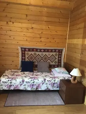 a bed in a room with a wooden wall at Jankówka in Wieliczka