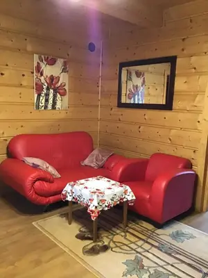 a living room with a red couch and a table at Jankówka in Wieliczka