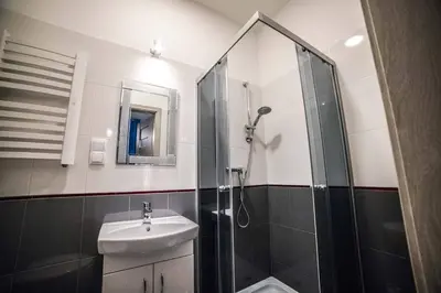 a bathroom with a sink and a shower at CracWoW Apartment in Kraków