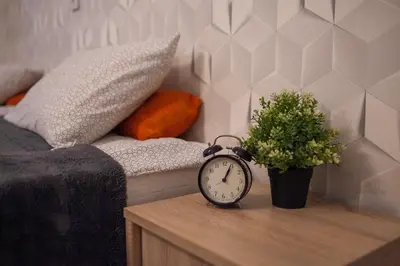 a clock on a table next to a bed with a potted plant at Lukas Guest Rooms in Kraków