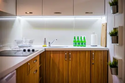 a kitchen with a sink and bottles on the counter at Apartament Wietora WAWELOFTS in Kraków