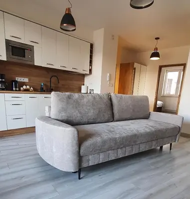 a couch in a living room with a kitchen at PIANISSIMO in Kraków