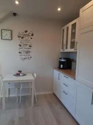 a kitchen with a white table and a table and a microwave at Apartament Przy Potoku in Zubrzyca Górna