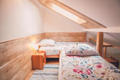 a bedroom with two twin beds and a skylight at Willa Szarotka in Rabka