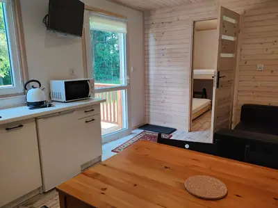 a small room with a kitchen and a living room at Domki Całoroczne - Tarlagowy Bór in Bebło
