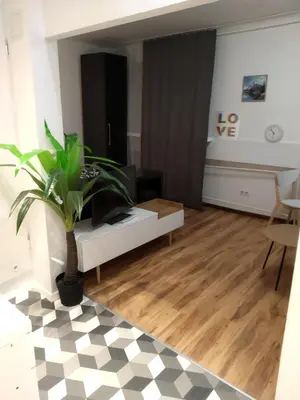 a living room with a couch and a potted plant at Apartament Mazowiecka 125 in Kraków