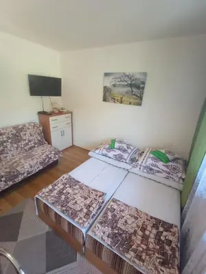 a small room with two beds and a television at Pokoje u Zajdy in Zawoja