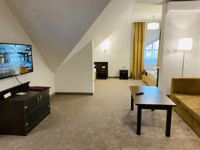a living room with a couch and a tv at Hotel Tadeusz in Uszew