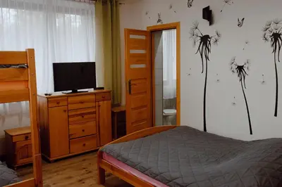a bedroom with a bed and a dresser with a television at Willa Cicha in Rabka