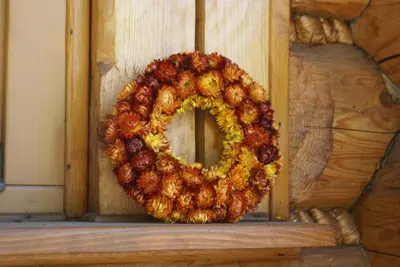 a wreath is hanging on a wooden wall at CHATA PACHNĄCA LASEM in Andrychów