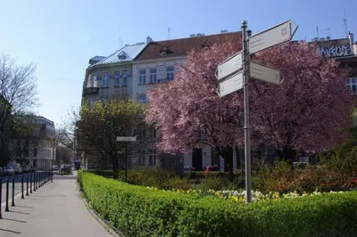 a street sign on a sidewalk in front of a building at Spanko w Krakowie in Kraków