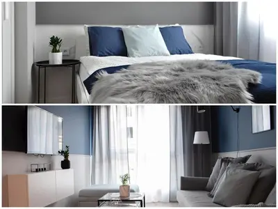 a bedroom with a bed and a living room at NavyBlue apartment Cracow free parking TV in Kraków